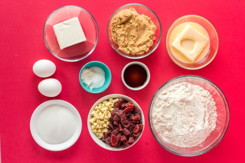 overhead view of ingredients for strawberry cheesecake cookies.