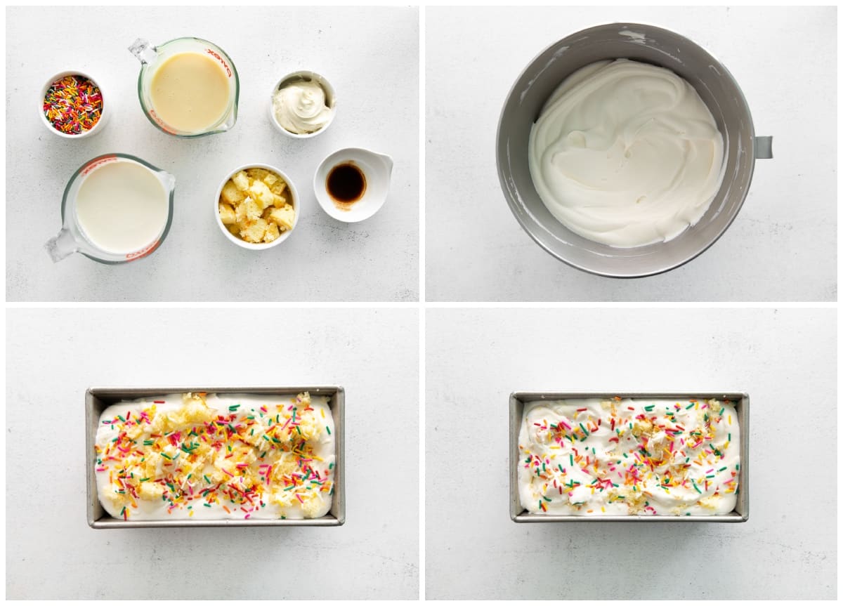 step by step photos for how to make no churn birthday cake ice cream.