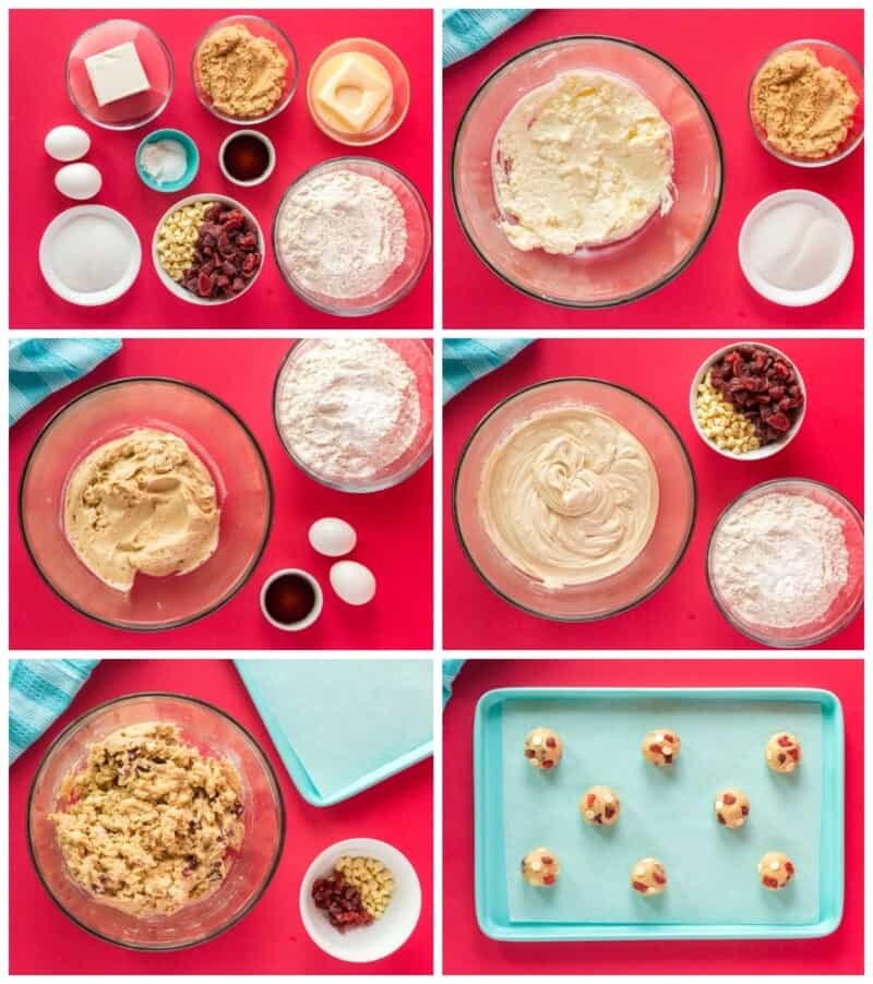 step by step photos for how to make strawberry cheesecake cookies.