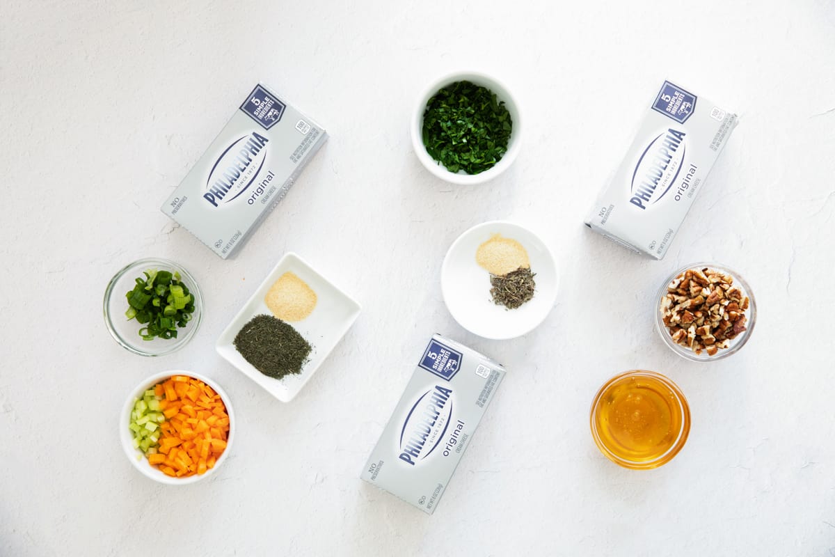 overhead view of ingredients for flavored cream cheese.