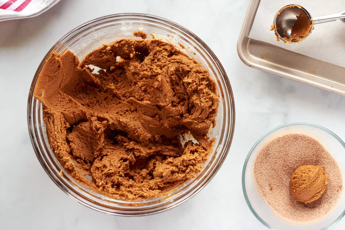 gingersnap cookie dough in a glass bowl.