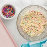 birthday cookie dough in a glass bowl.