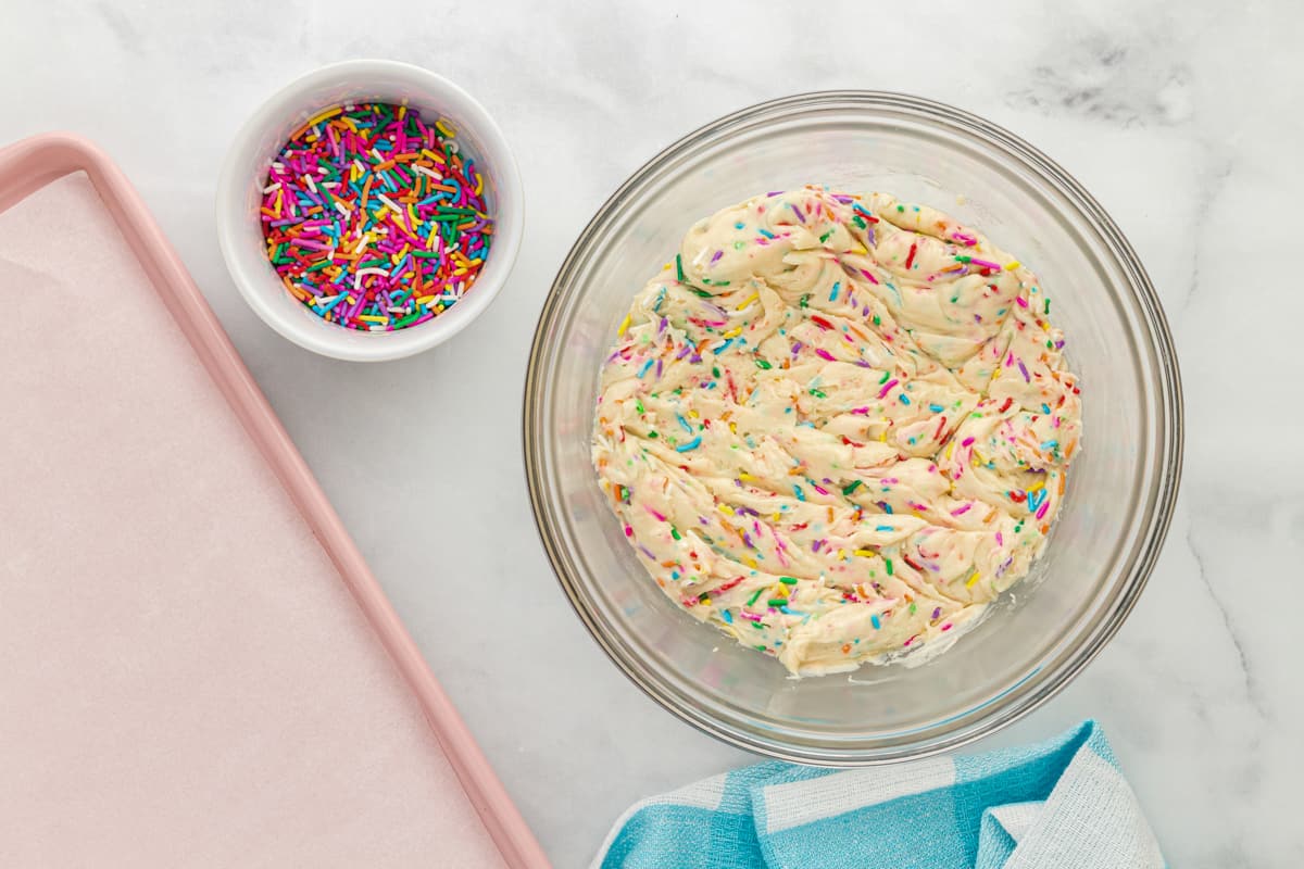 birthday cookie dough in a glass bowl.