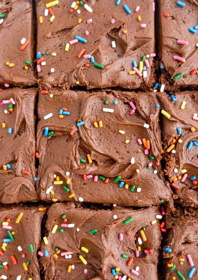 a close up of chocolate fudge brownies with sprinkles.