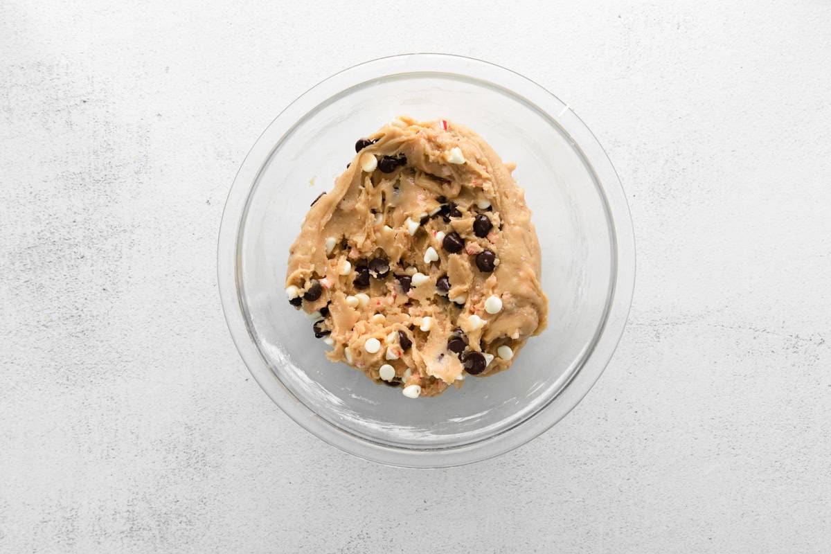 chocolate chip peppermint cookie dough in a glass bowl.