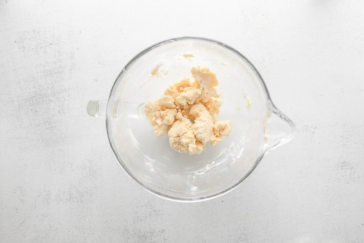 shortbread cookie dough in a glass bowl.