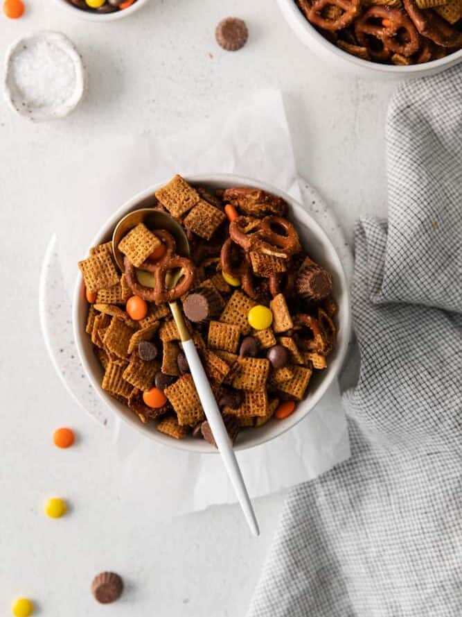 a bowl of a bowl of Reese's cup Chex mix
