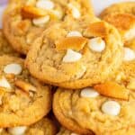 up close stacked banana pudding cookies on white plate