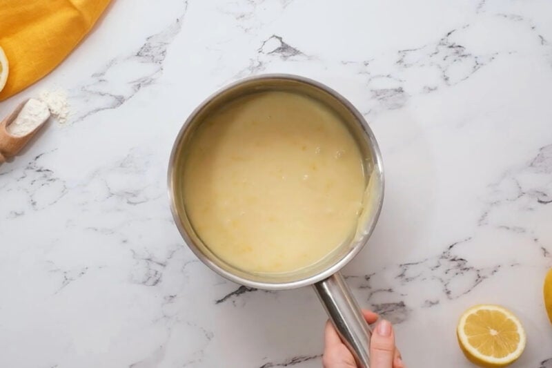 white chocolate lemon glaze in a saucepan.