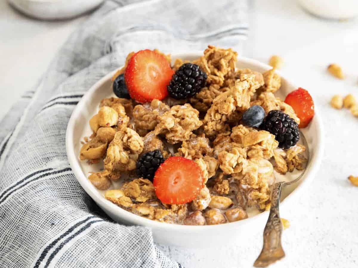 three-quarters view of a serving of peanut butter granola in a white bowl with a spoon and berries on top.