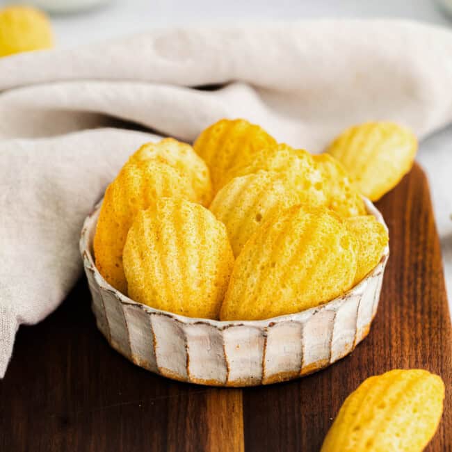 madeleine cookies in a small white dish.