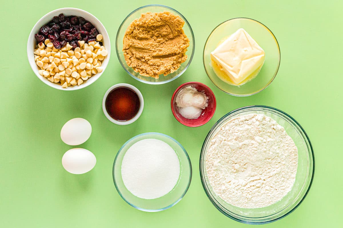 ingredients for white chocolate cranberry cookies.