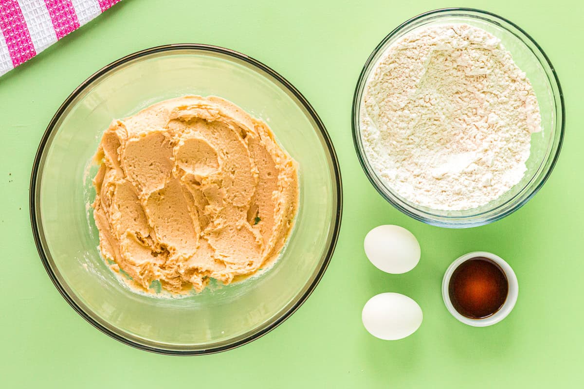 creamed butter and sugar in a glass bowl.