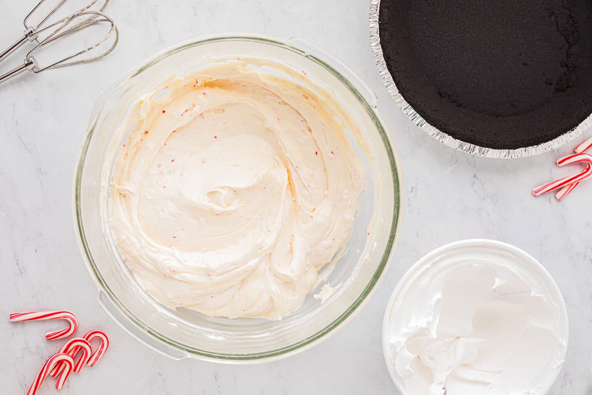 peppermint pie filling in a glass bowl.