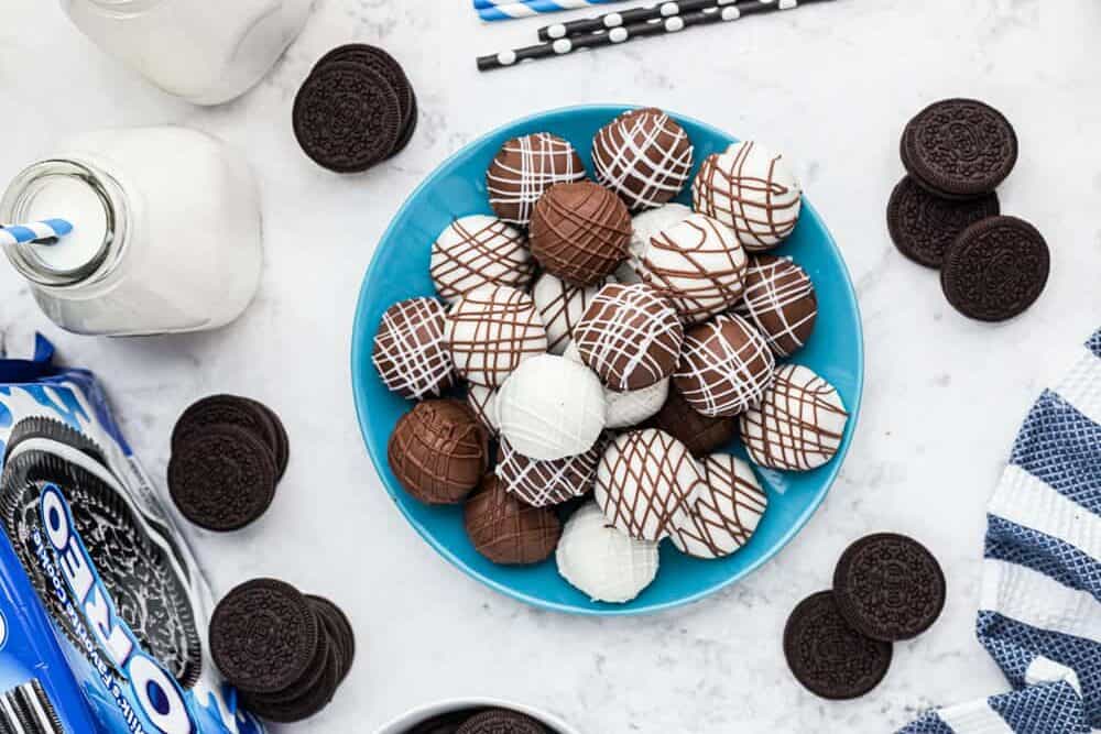 overhead view of a plate of oreo truffles