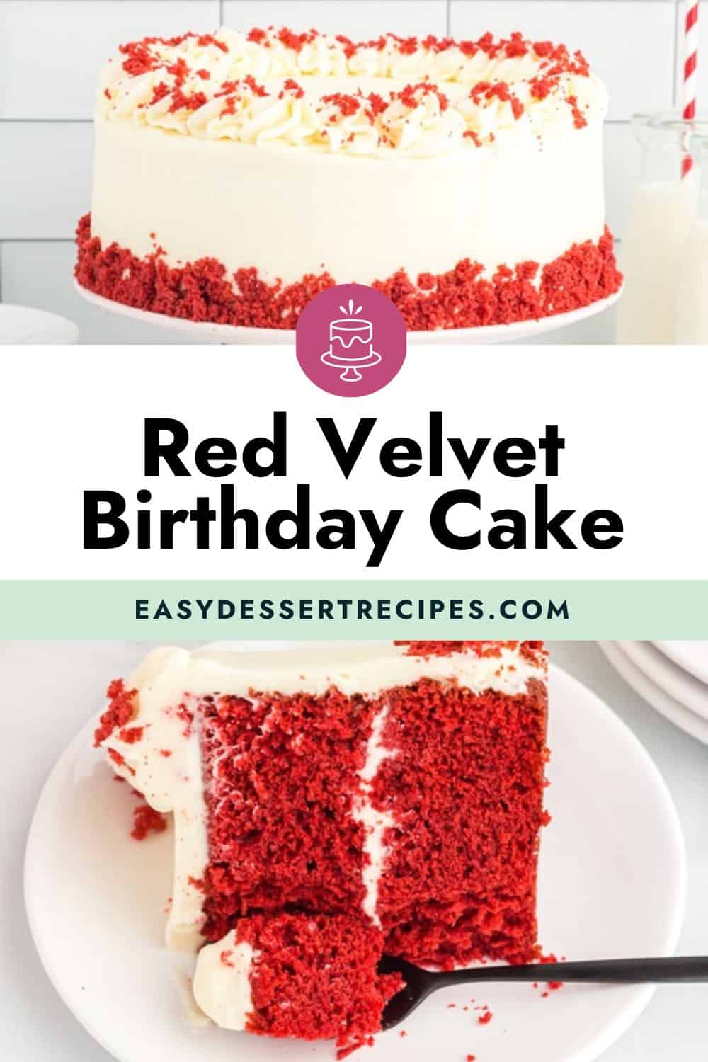 red velvet birthday cake with a slice taken out.