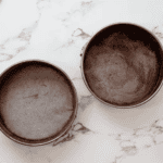 2 lined round cake pans dusted with cocoa powder.