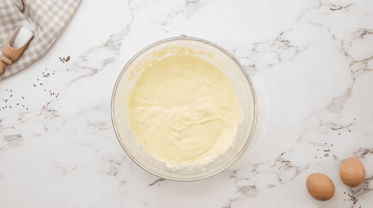 cake batter in a glass bowl.