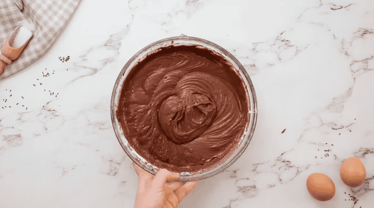 devil's food cake batter in a glass bowl.