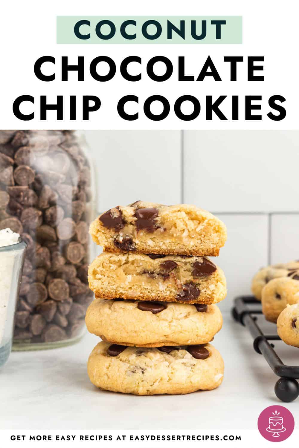 Coconut chocolate chip cookies stacked on top of each other.