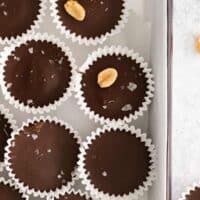 Chocolate peanut butter cups in a baking pan.