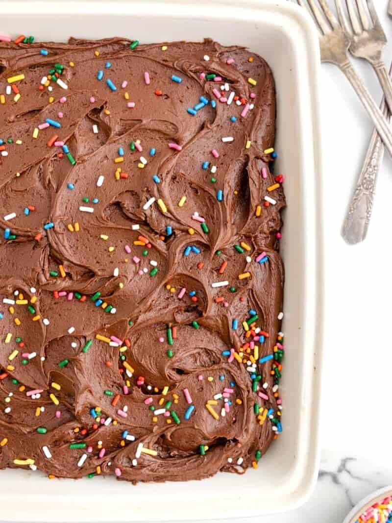a chocolate cake with sprinkles in a baking dish.