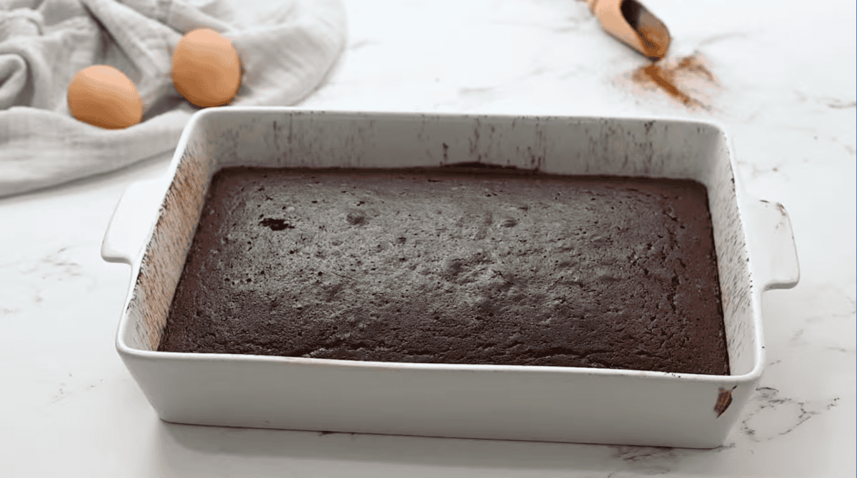 baked chocolate cake in a baking pan.