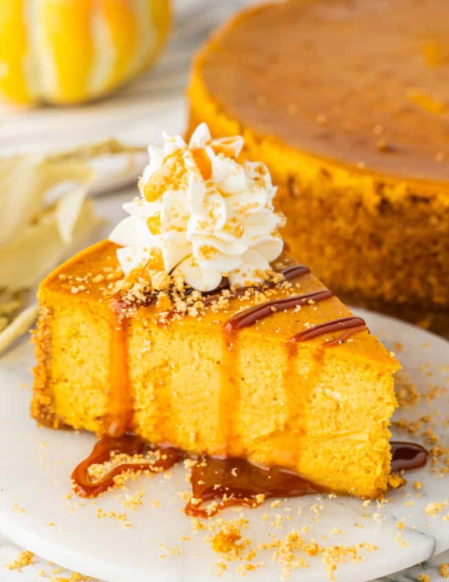 a slice of pumpkin cheesecake drizzled with caramel and whipped cream on a white plate.