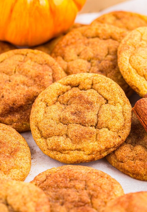 a pile of pumpkin snickerdoodle cookies.