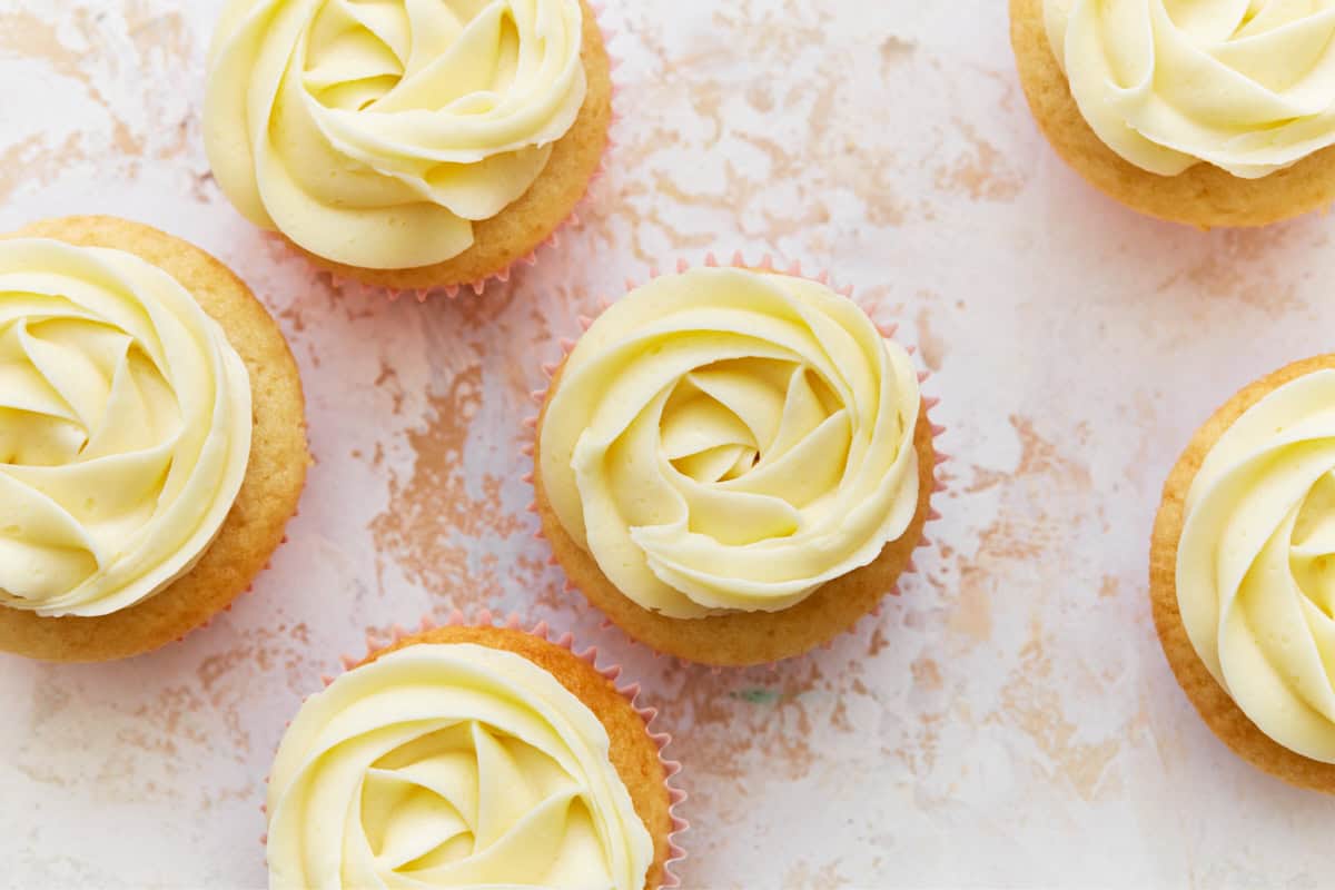 Overhead view of frosted cupcakes.