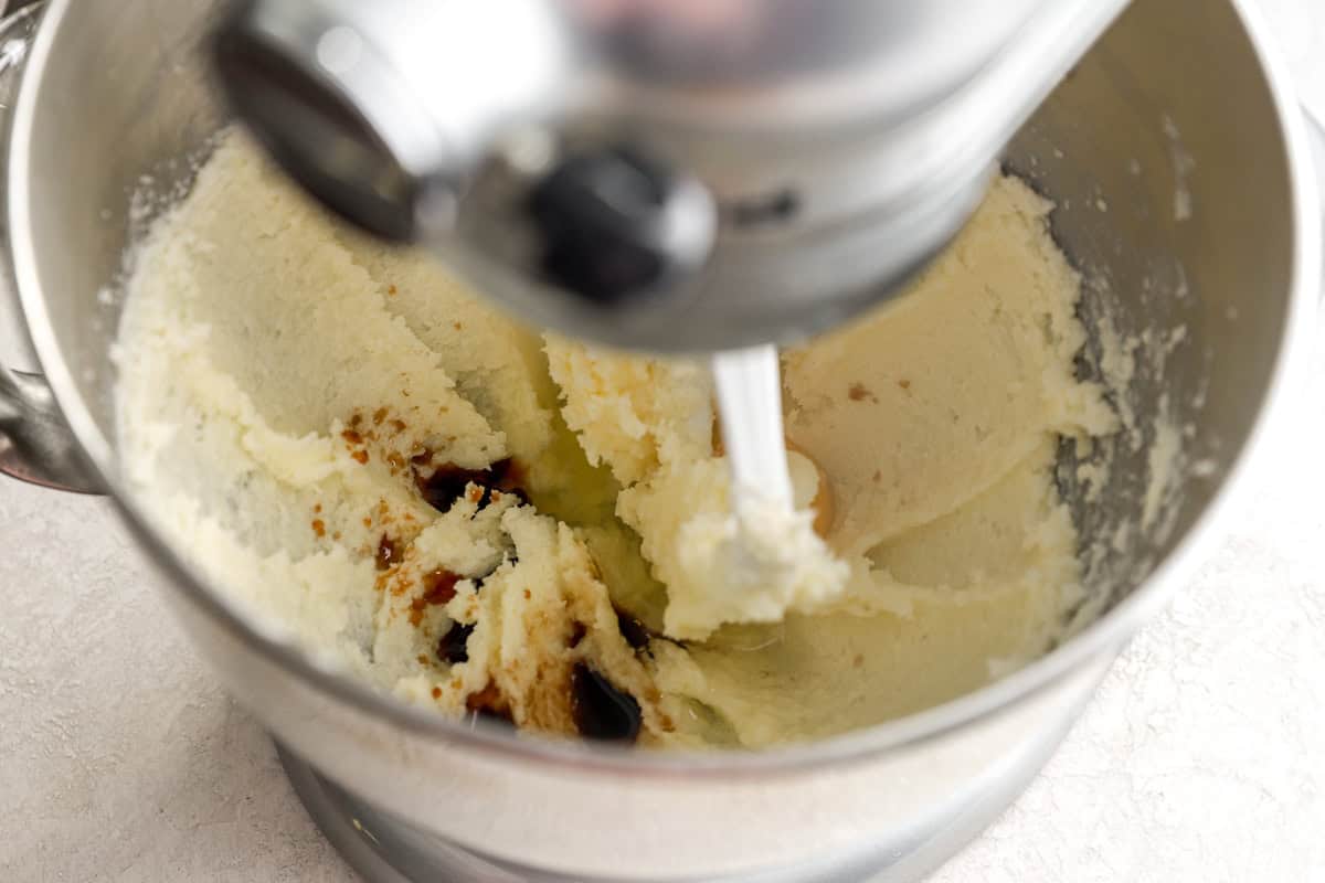 Creamed butter and vanilla in a stand mixer.