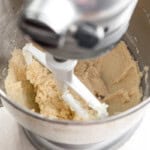 Mixing cookie dough in a stand mixer.