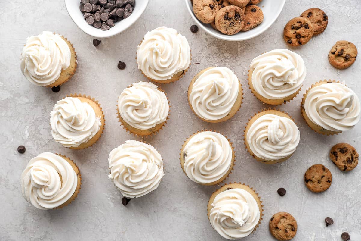 Overhead view of frosted cupcakes.