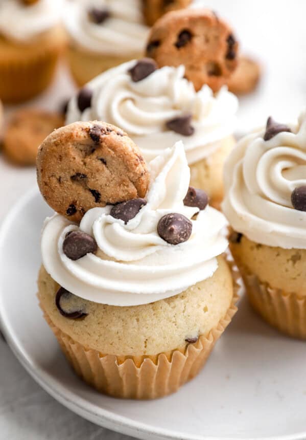 Chocolate chip cupcakes gathered on a white plate.