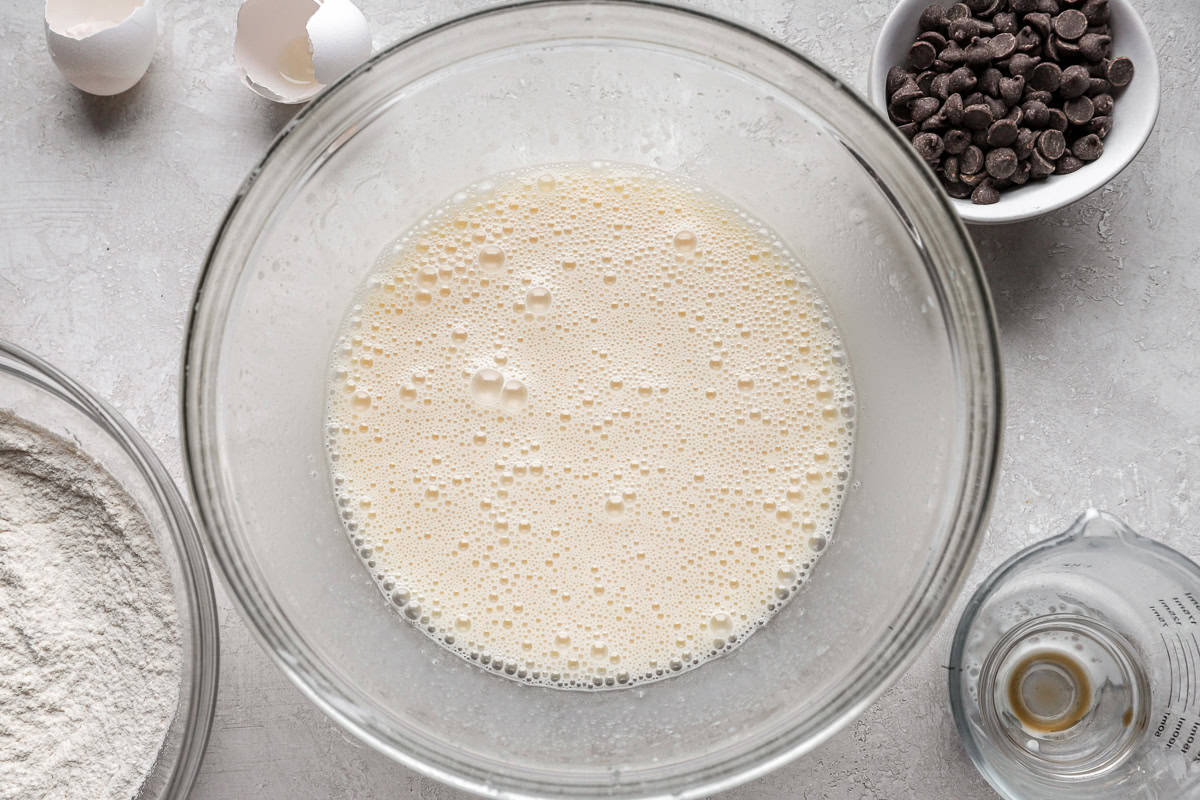 Wet ingredients in a mixing bowl.