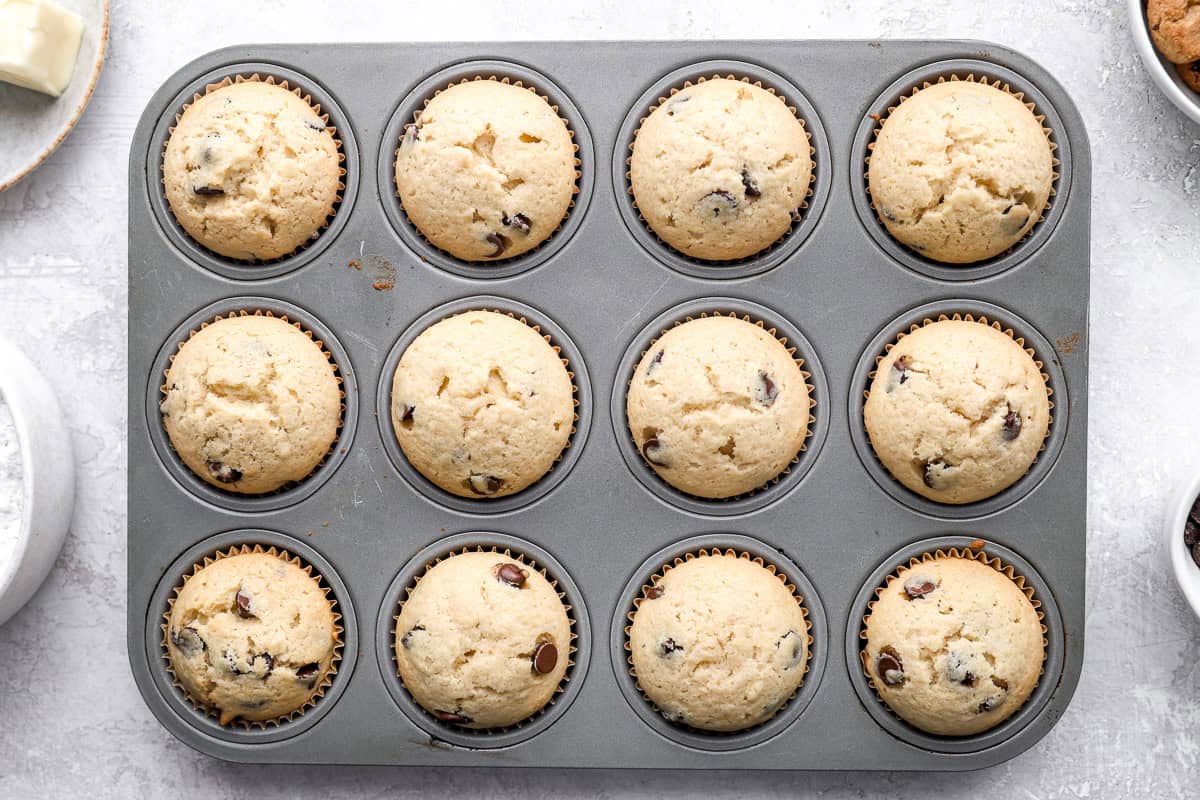 Baked cupcakes in a cupcake tin.