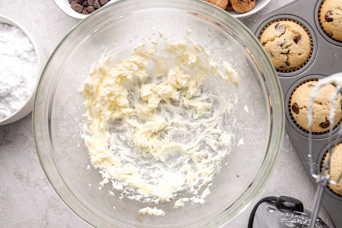 Creamed butter in a mixing bowl.