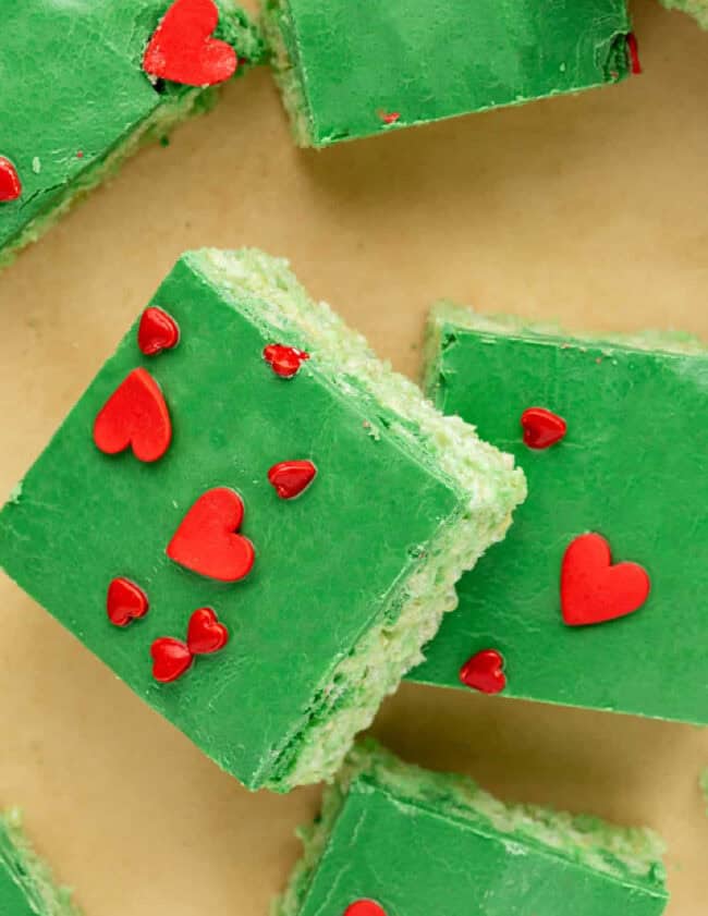 grinch rice krispie treats with hearts