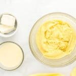 lemon cake batter in a glass bowl.