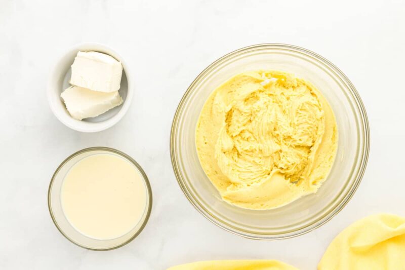 lemon cake batter in a glass bowl.