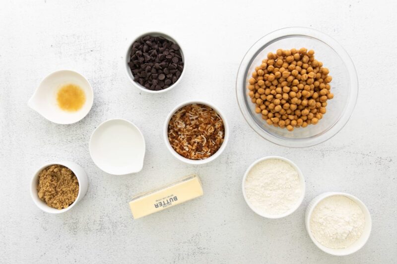 portioned ingredients for samoa cookie bars.