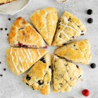 flavored baked homemade american-style scones arranged in a circle.