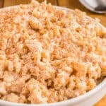 fluffy rice pudding in a white bowl.