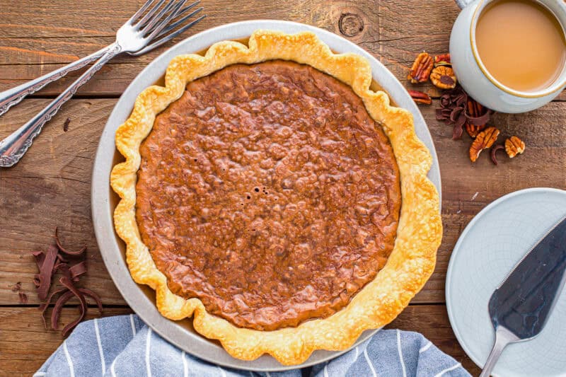 freshly-baked german chocolate pie in a pie pan.