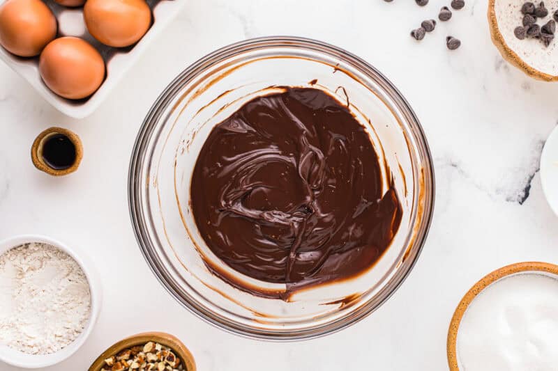 melted chocolate in a glass bowl.