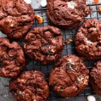 overhead view of rocky road cookies on a wire baking rack.