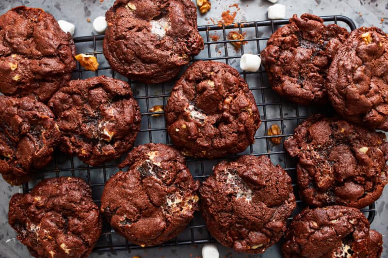 overhead view of baked rocky road cookies on a wire cooling rack.