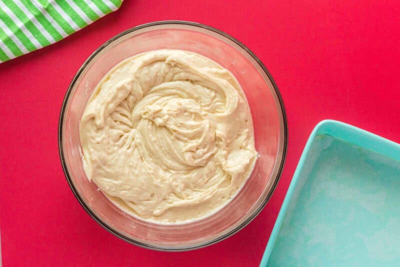 peppermint cake batter in a glass bowl.