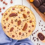 peanut butter fluff topped with chopped peanut butter cups and chocolate chips.