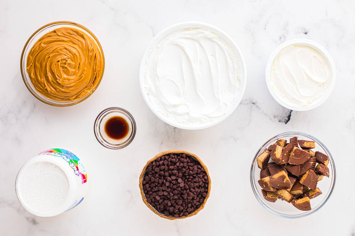 portioned ingredients for peanut butter fluff in individual containers.